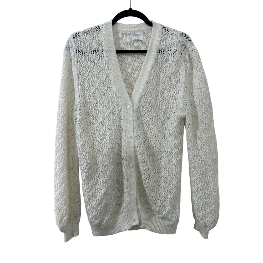 Traditionals White Pointelle Open Knit Button Front Cardigan Sweater VTG Style